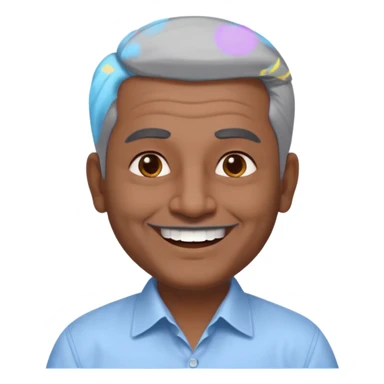 50 yr old indian man, dark skin, grey hair, big smile, white teeth, chubby, no moustache, clean shaven, young style hair, hair brushed back, 5 oclock shadow, bindy on forehead, dress shirt sticker
