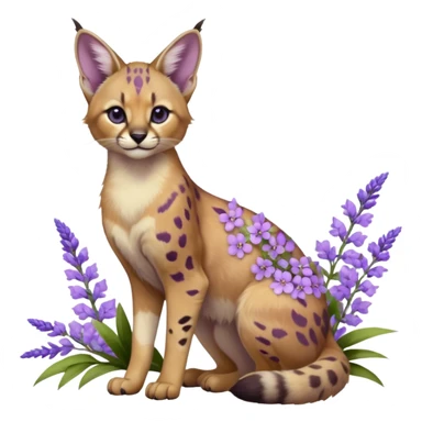 Realistic wild real life cute cool beautiful gorgeous floral pastel-lilac-violet-lavender caracal-serval-civet-genet-hybrid-animal-Fakémon-fursona photo IRL outside (full body) sticker