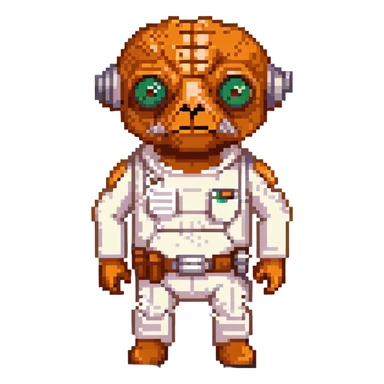 Admiral Ackbar from Star Wars emoji, pixel art style, simplified features, orange-brown skin, large eyes, white uniform sticker