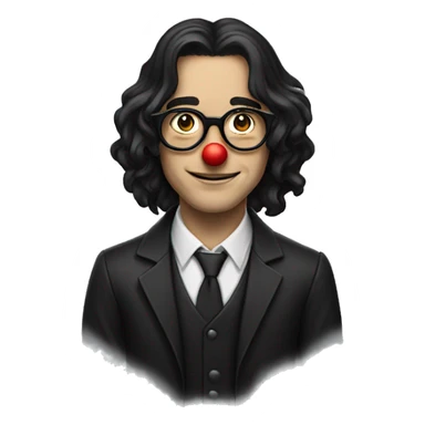 A white boy with black long hair, thin round glasses. He's wearing a clown costume sticker