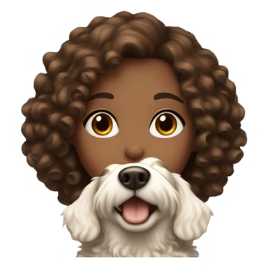 Girl with brown eyes and brown curly hair holding fluffy white dog  sticker
