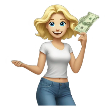 blonde girl with blue eyes rejoices and dances while holding money in her hands sticker
