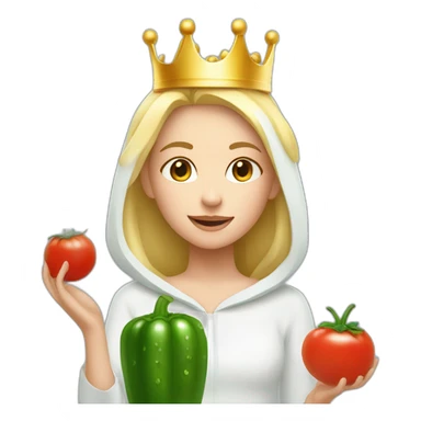 blonde girl  eating  cucumber and tomatoes with white hoodie iridescent and a crown princess sticker