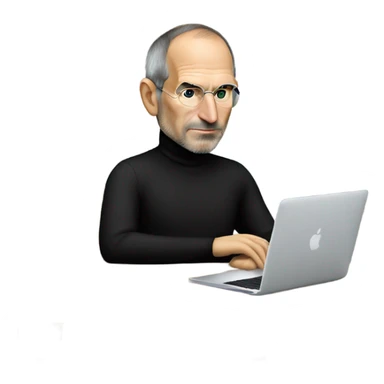 Steve Jobs wearing a black turtleneck using a MacBook sticker