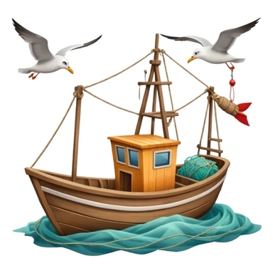 Design a small fishing boat with nets & seagulls around it. sticker