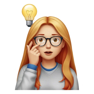 intelligent and clever, 30 year old, girl, long red and almost blond hair, glasses, has an brillant idea, rubs his nose, light bulb over the head, casual cloth  sticker