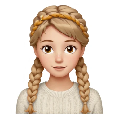 light brown hair blonde hair hazel eyes woman with a white cable knit sweater thatand one braid down her back  with tendrils of hair flowing down her face and she is happy pale, some freckles, blush. she has a cateye wing and long lashes sticker