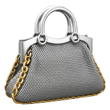 3D render of Mesh Purse, made of interlocking chainmail metal rings, wire mesh texture, visible holes and negative space, metallic silver and grey, high contrast shadows, Apple emoji style, isolated on white background --v 6.0. sticker