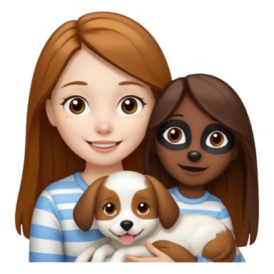 girl with white skin, brown eyes, long straight brown hair, holding a white dog with a black face, stripe down the middle, and brown and caramel brown spots on the sides of the mouth sticker