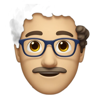 white man with short curly dark brown hair, blue small eyes, round eyeglasses and a brown mustache sticker