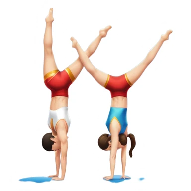 A skilled acrobat performing a handstand with perfect balance, while another acrobat gracefully flips in the air, showcasing their strength and precision. The background features a large gymnasium with bright lights and cheering audience, symbolizing adult acrobatics as a coordinated sport. sticker