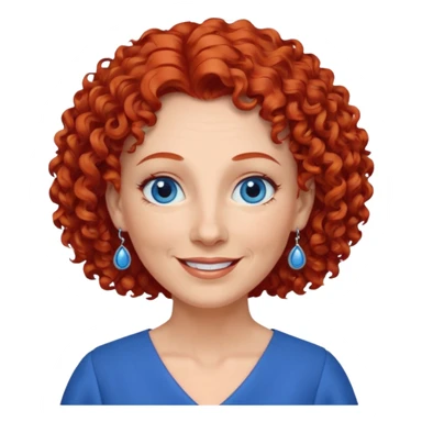 una profesora mayor simpática con el pelo rojo rizado, ojos azules, vestido azul y pendientes azules hablando sticker