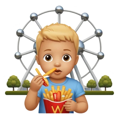 Transformer cette personne en bébé  occuper à  manger des fritte a bruxelles, devant latomium sticker