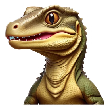 Cinematic Comical Komodo Dragon Lizard Portrait Emoji, Head tilted dramatically with an exaggeratedly shocked expression, featuring a robust, scaled body with wide, comically expressive eyes full of humorous disbelief, Simplified yet hilariously expressive features, highly detailed, glowing with a slightly sassy glow, high shine, dramatic yet playful, stylized with an air of quirky exotic attitude, soft glowing outline, capturing the essence of a meme-worthy Komodo dragon that looks ready to side-eye its way into viral fame! sticker