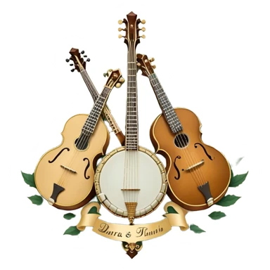 Create an intricate, festive, and emblematic emoji symbolizing plucked string instruments. The design should resemble a regal crest, featuring instruments like a banjo, mandolin, domra, sitar, and other plucked strings, arranged symmetrically in an ornate composition. Their necks and strings should elegantly intertwine with a flowing ribbon of musical notes, wrapping gracefully around the instruments. The overall shape should be grand and balanced, evoking a sense of tradition and celebration. Use a rich and refined color palette with gold, deep mahogany, and vibrant accents, adding intricate wood textures, decorative inlays, and metallic tuning pegs for a professional, polished look. The background should be transparent, making the emblem stand out as an independent artistic mark sticker