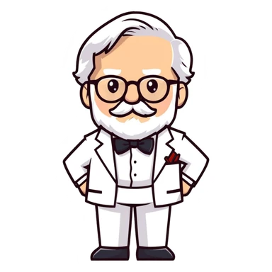 Colonel Sanders KFC, old man with white hair, white goatee, black bow tie, white suit, glasses sticker