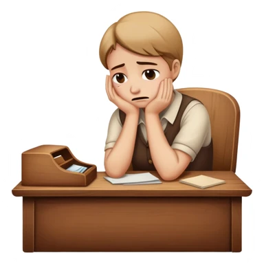 person sitting at a vintage wooden desk crying sticker