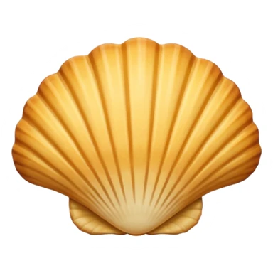 A madeleine pastry. Scalloped seashell shape with four to five vertical lines going in the same direction. Light golden brown. Scalloped edge. Cookie. Flat. Long. sticker