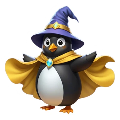 "A wizard penguin with a yellow hat and a long, flowing cape. The penguin is floating slightly above the ground, surrounded by swirling magical energy and glowing runes in the airyellow wizard hat sticker