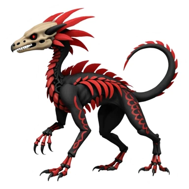 Rare realistic dark edgy evil tribal patterned red-feathered skeletal badass epic handsome gorgeous aesthetic black-skulled Vernid-Trico-Sergal-Salandit-Nargacuga-species-Fakemon-creature by LiLaiRa, 4 legs, 1 tail, random markings, (full body) long ears sticker