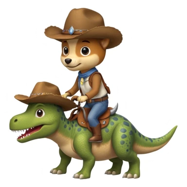 Dog wearing a cowboy hat and riding a dinosaur sticker