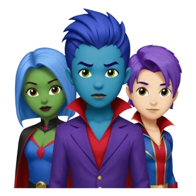 Solo poly platonic relationship, one African girl, one Asian boy, one biracial features Asian tomboy girl rat-tail hair long and upper masculine hair 90s, vampire and marvel cosplay elements inspired  use marvel race, like instead of obvious human, green purple blue etc,  sticker