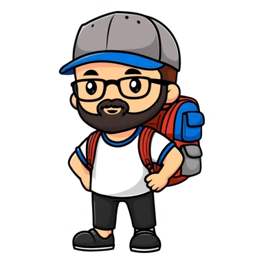 adventurer with backpack, small beard, glasses and backwards baseball cap sticker
