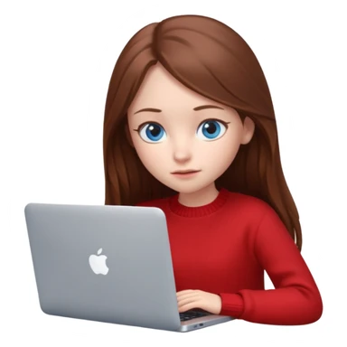 Emoji of a cute 3D girl with long brown hair and blue eyes, wearing a red sweater, focused working on a MacBook laptop, white background sticker