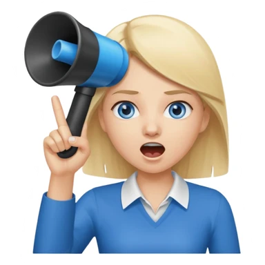 blue eyes blonde girl yelling into megaphone and holding up 1 finger in the other hand siling sticker