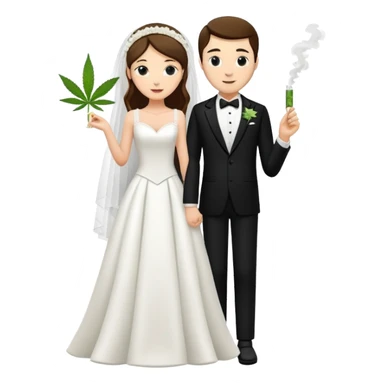 A bride in white wedding dress and groom in tuxedo, full body, sharing a cannabis joint, wedding couple sticker