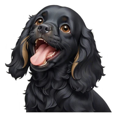 Cinematic Cute Yawning Black Cocker Spaniel Portrait Emoji, Head tilted slightly with a dramatic, wide-open yawn, showcasing a sleek black coat with subtle tan highlights, floppy ears slightly drooping, round dark eyes barely open in drowsy contentment, Simplified yet irresistibly adorable features, highly detailed, glowing with a soft, cozy glow, high shine, relaxed yet expressive, stylized with a touch of whimsy, bright and endearing, soft glowing outline, capturing the essence of a sleepy yet affectionate companion, so drowsy it feels like it could stretch out of the screen and curl up for a nap! sticker