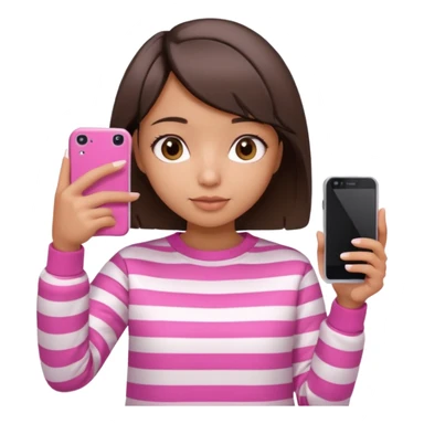 Emoji of a cute 3D girl with short dark brown bob hairstyle, wearing a pink and white striped sweatshirt. She is holding a phone and taking a selfie, white background.

 sticker