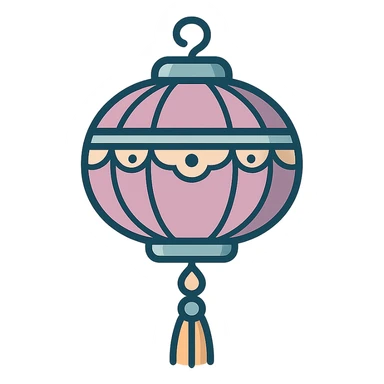 Chinese lantern, icon-color-outlined style, thin clean outlines, soft rounded shapes, pastel palette #98B5BC, #B5B3C1, #C9A3C9, #E4C0CA, #F7DCD1, #F7C0AA, detailed shadows and highlights, soft lighting, transparent background, elegant and unusual, with decorative elements, tassels, patterns, pendants, oriental style sticker