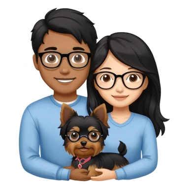 “An Asian girl with long, wavy black hair flowing freely stands beside her smiling boyfriend—a brown-skinned man with a middle part hairstyle and glasses. They are holding a small Yorkshire Terrier together.” sticker