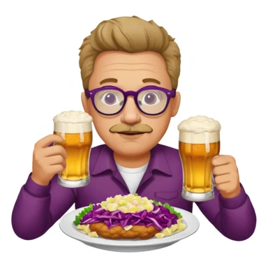 Man with wire framed glasses german eating schnitzel, red cabbage, sauerkraut, potato salad, and beer sticker