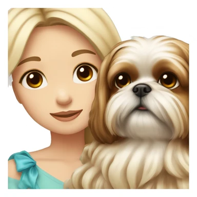 human girl with long wavy brown hair hugging a blonde colored shih tzu girl with bow sticker