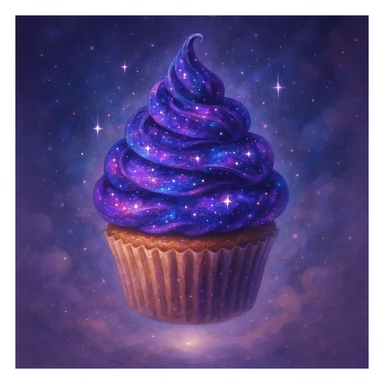 magical cupcake floating in the air, topped with swirling galaxy-themed icing, sparkling stars and cosmic colors, dreamy and whimsical sticker