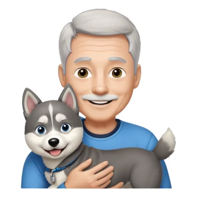 A smiling 60 year old man with blue eyes and short light gray hair and no facial hair, holding a single black and white husky dog with floppy ears and white tuft eyebrows  sticker