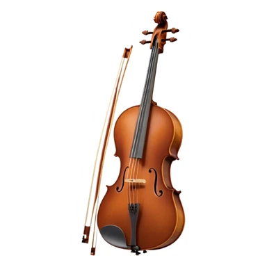 Create an elegant and refined emoji representing a Cremona 4/3F 4/4 cello with bow. The design should feature the distinctive, finely crafted body of the cello, highlighting its rich wooden finish and gracefully curved shape. The bow should be included, with visible horsehair and a polished wooden stick. Add subtle details like tuning pegs and strings to emphasize the precision and craftsmanship of the instrument. Use warm wood tones, deep brown, and soft metallic accents to reflect the high quality of the Cremona cello. The background should be transparent. sticker
