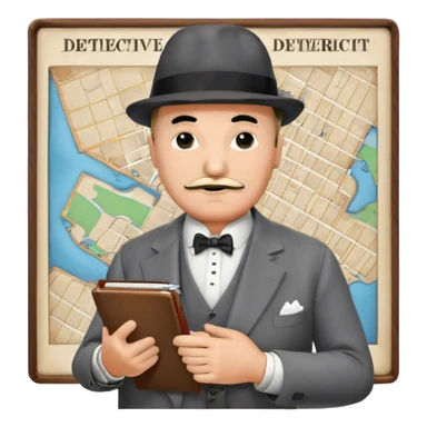 A cinematic-style frame showing Hercule Poirot in his iconic suit with a notebook in a dramatic detective pose. Background should be mysterious city, map, a board with photos of suspects, clues like fingerprints. Transparent background. sticker