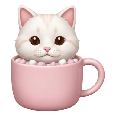 cute white cat relaxing in a pastel pink mug of cocoa with marshmallows, soft lighting, rounded shapes sticker