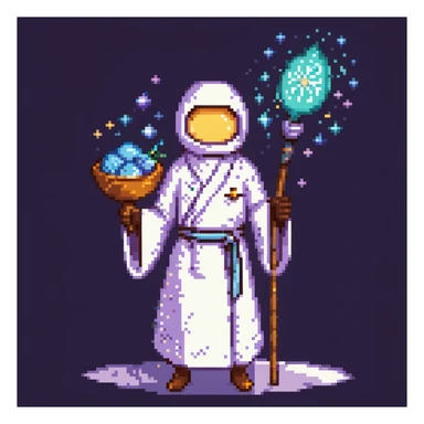 Portrait of a galactic baker in skeuomorphism style, same pose and lighting as previous levels, wearing a nebula-textured robe, holding a galaxy-shaped whisk, glowing flour particles floating around sticker