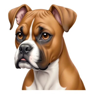 Cinematic Noble Fawn Boxer dog Portrait Emoji, Poised and regal, with a strong, muscular build and a sleek, well-groomed fawn Fur accented by a white muzzle and chest, deep-set soulful brown eyes, Simplified yet sharp and sophisticated features, highly detailed, glowing with a soft, dignified glow, high shine, intelligent and loyal, stylized with an air of strength, focused and attentive, soft glowing outline, capturing the essence of a watchful and confident guardian, so majestic it feels as though it could step out of the screen with effortless authority! sticker
