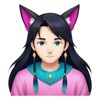 anime man with long-straight-dark-black hair, long black fox ears with pink Scapha, colorful-gradient-brown-turquoise eyes, gold earring, dark-blue-sweater, white pupils, turquoise tassel sticker