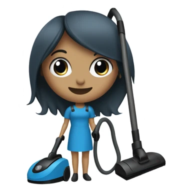 slate blue broom and vacuum cleaner, with a black lady, straight hair, small eyes, smiling sticker