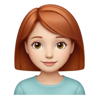 “Cute girly emoji portrait, warm friendly smile, short auburn hair with soft shine, rounded facial features, pastel color palette, subtle blush on cheeks, simplified facial details, soft gradient shading, cozy and feminine emoji style, clean light background. sticker