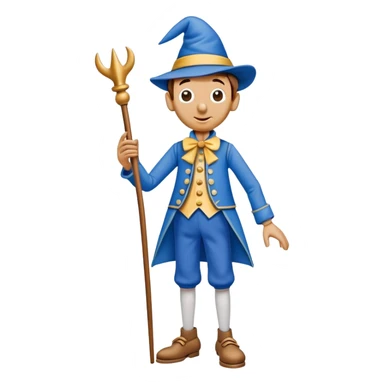 Wooden puppet Pinocchio with a long nose, wearing blue clothes and a pointed hat sticker