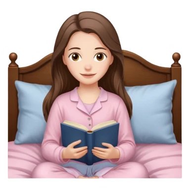  happy white long brunette hair girl with hazel eyes in light pink pajamas reading Pride and Prejudice sticker
