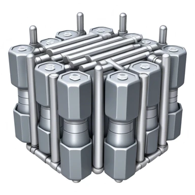 A bundle of uranium fuel rods used in a nuclear reactor, with a metallic structure and cylindrical rods, arranged in a hexagonal grid, futuristic and industrial style sticker