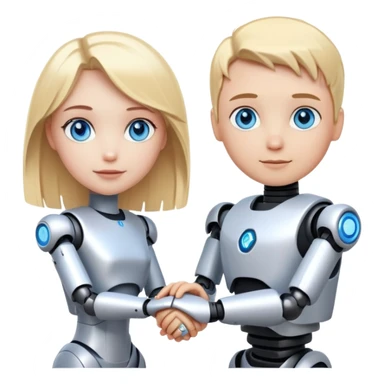 Make a human robot holding hands with a white girl with blue eyes and blond hair sticker
